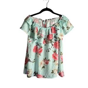 Pink Lily Mint Green Floral Off Shoulder Ruffle Top With Open Back Size Small
